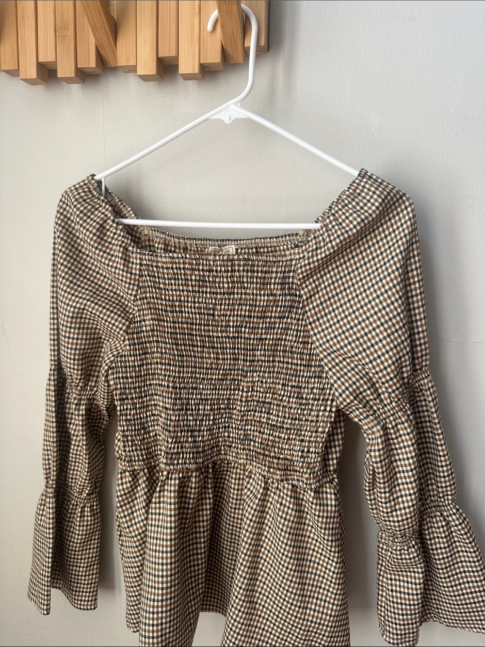 Hayden Brown Gingham Smocked Long Sleeve Top